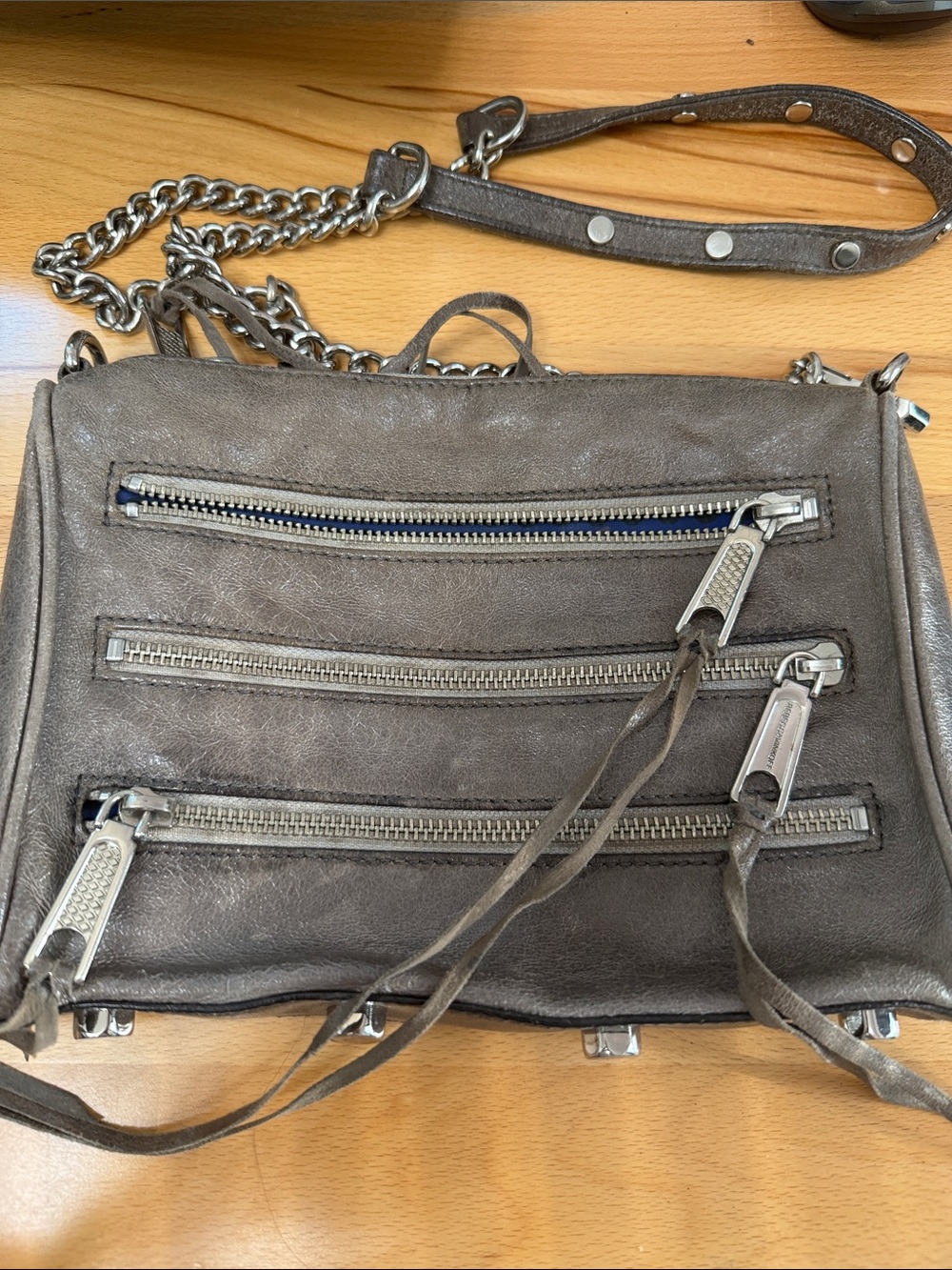 Rebecca Minkoff Metallic Gray Leather Crossbody with Triple Zips